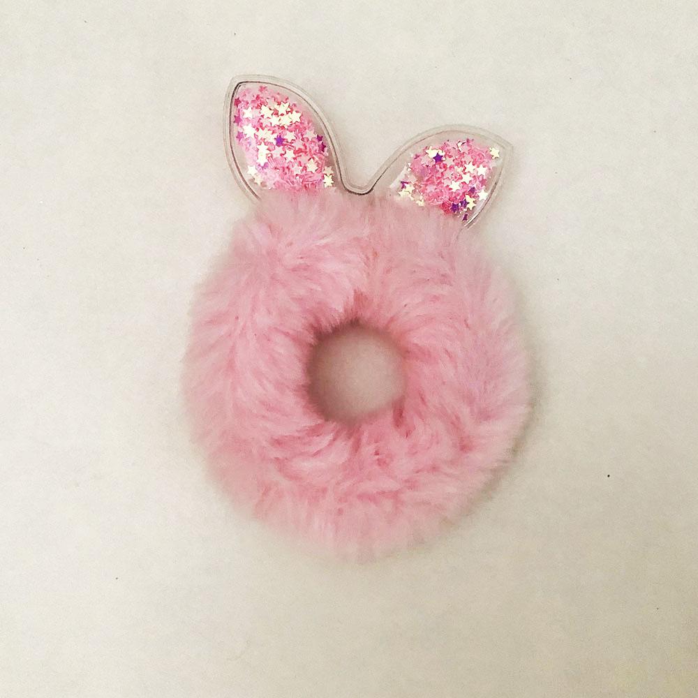 Гумки для волосся хутряні з блискітками всередині вух. Колір рожевий
